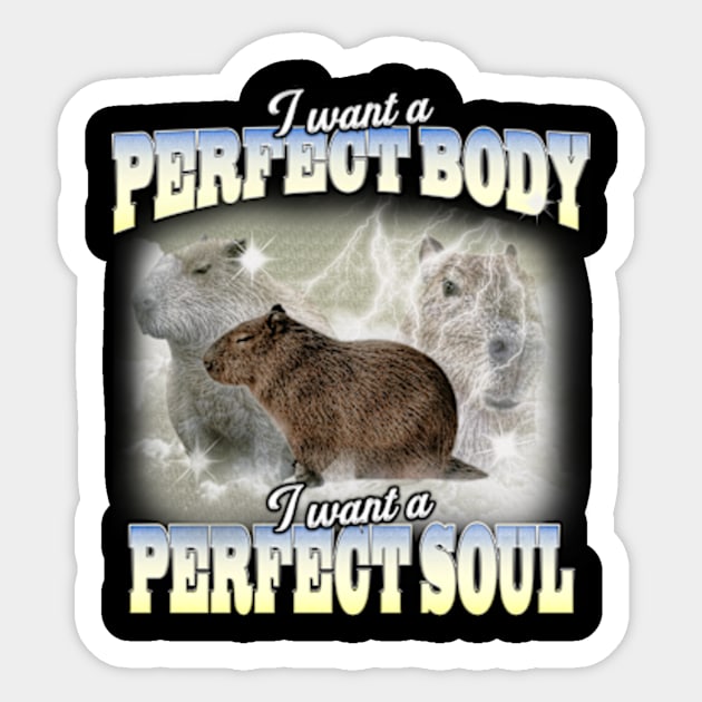 Cabybara Vintage 90s Bootleg Style Graphic T-Shirt, i want a perfect body i want a perfect soul Shirt, Funny Capybara Meme Sticker by Y2KERA